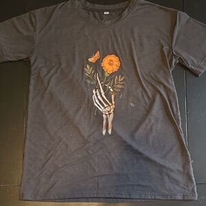 Oversized Gray T-Shirt with Skeleton Hand and Orange Flower Design Small S